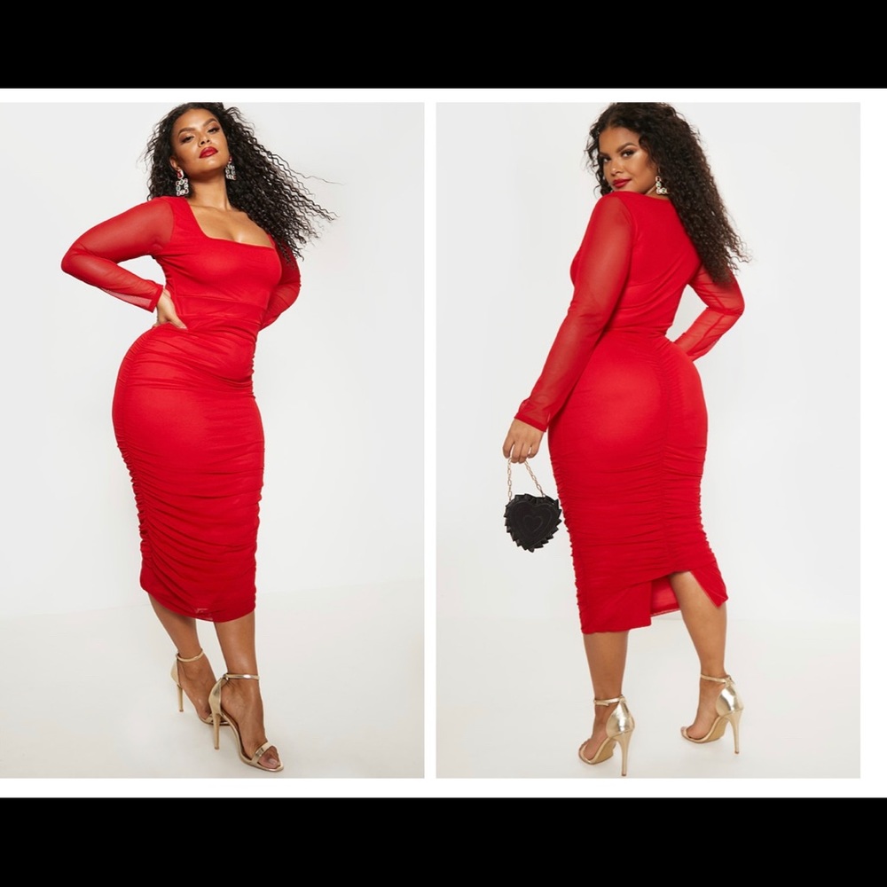 Plus Red Mesh Ruched Midi Dress